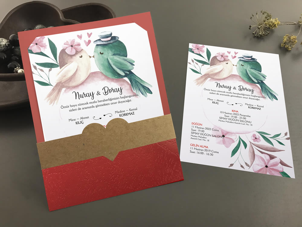 Kuşlu düğün davetiye örneği