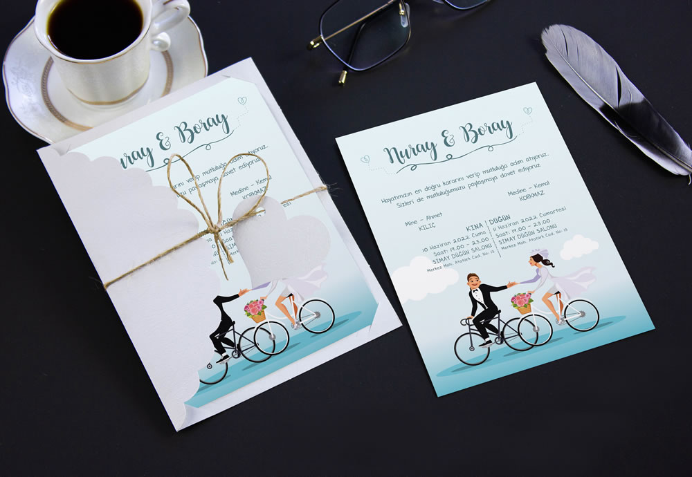 Bisikletli düğün davetiye modeli