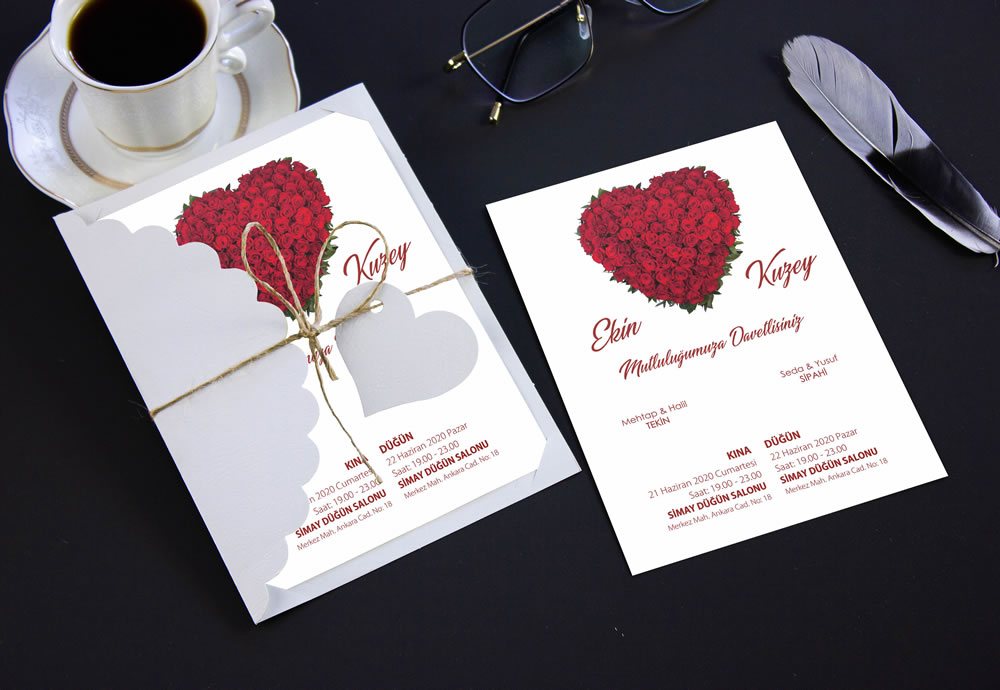Kalpli romantik düğün davetiyesi