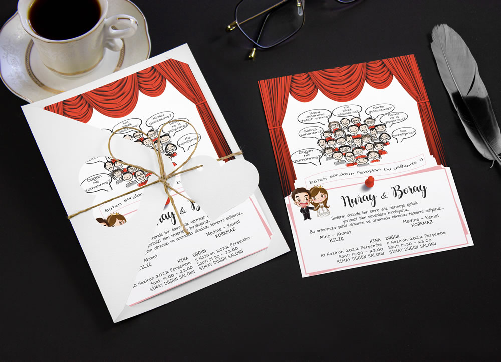 Karikatürlü değişik düğün davetiye modeli