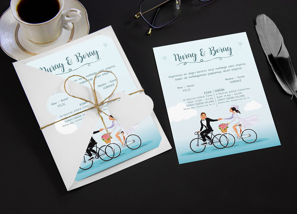 Bisikletli düğün davetiye modelleri