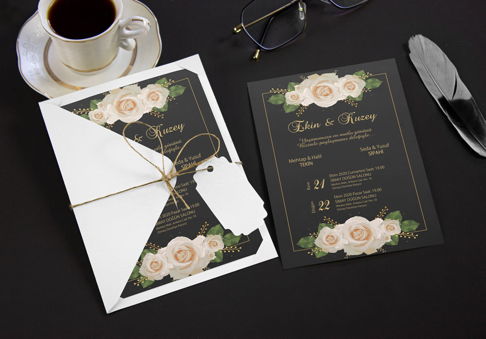 Klasik çiçekli düğün davetiye modeli