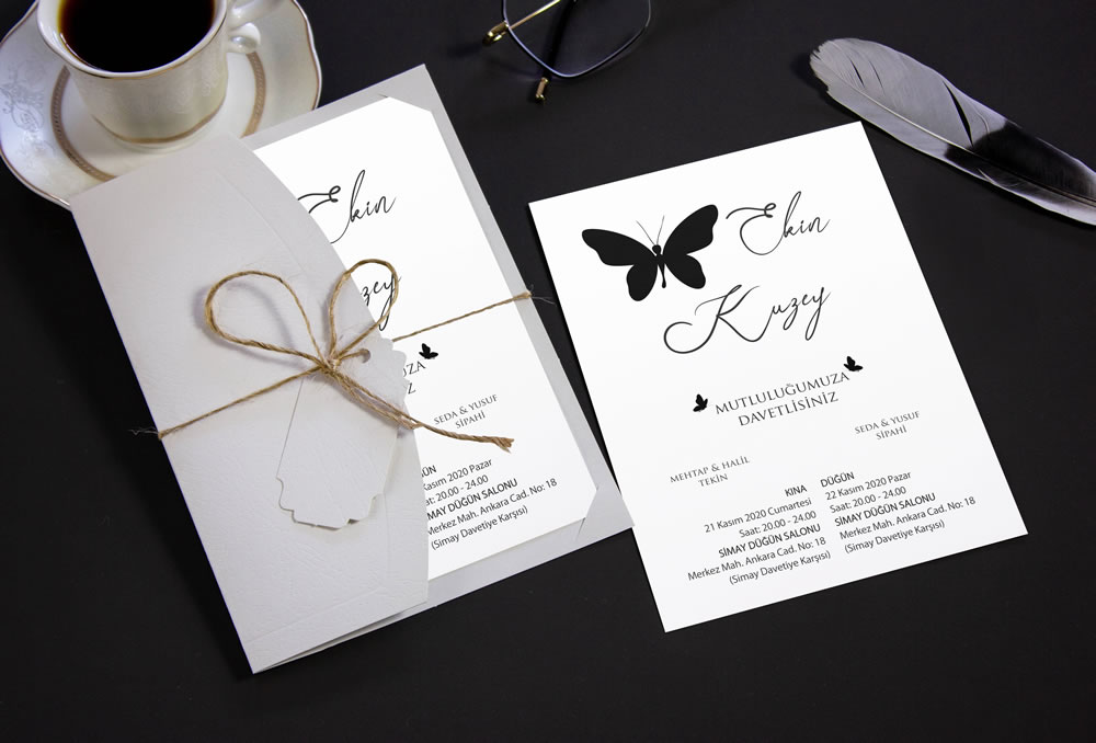 Kelebekli sade düğün davetiye modeli