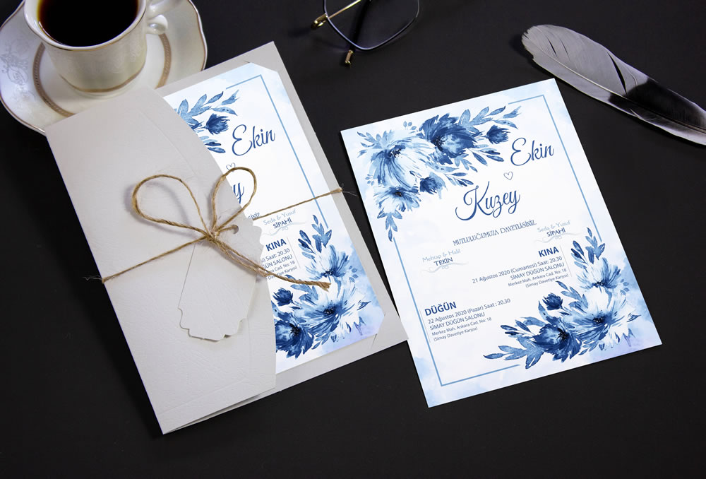 Mavi güllü düğün davetiyesi